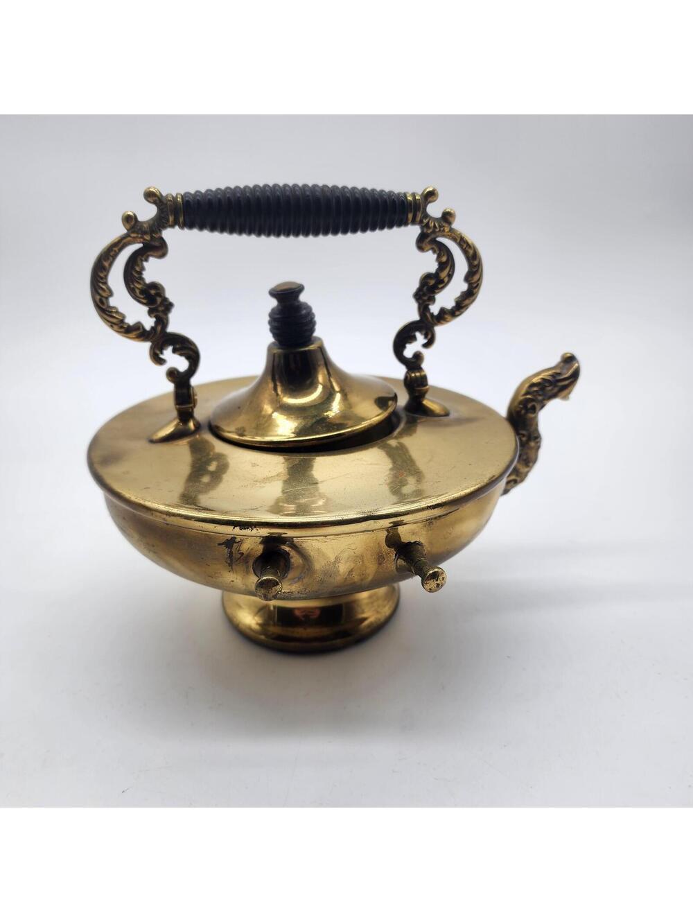 Vintage Brass Spirit Kettle Teapot Ornate Handle Footed Pot 8" Wide Decor